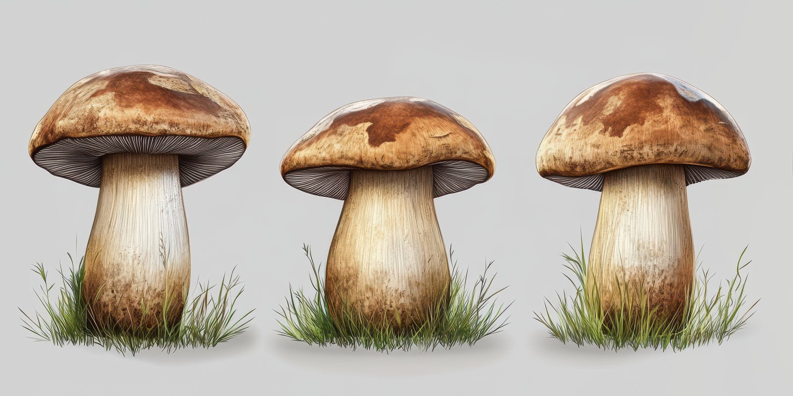 Detailed illustration showing three mushrooms growing in grass with varying shapes and colors under neutral background light